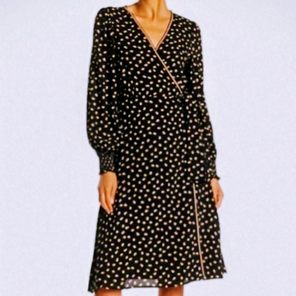Max Studio Dot Wrap Dress Black Large Boho Career Academia Garden Cottage